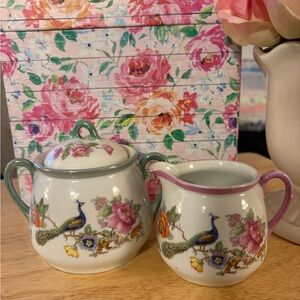 Floral Peacock Creamer and Sugar Set